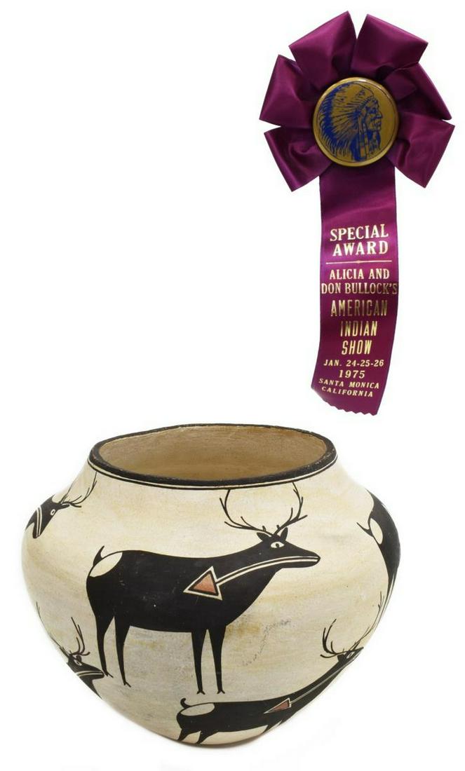 LUCY M. LEWIS (D 1992) ACOMA POTTERY BOWL, 6" x 7": Native American pottery bowl by Lucy M. Lewis, Acoma Pueblo, New Mexico, 1895-1992, decorated with black deer on a white ground, signed at the underside, dated 1964, accompanied by a Special Award rib