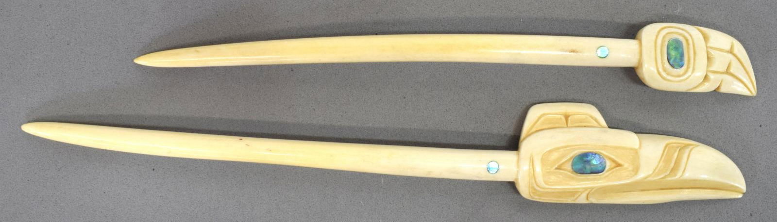 2) PATTY FAWN PACIFIC NORTHWEST CARVED HAIR STICKS: (lot of 2) Native American carved fossilized walrus ivory hair sticks, Patty Fawn, Northwest Coast, each with inset abalone accent, largest: 8.5"l, .17lb *Provenance: The family of Alfred A. King (Tex