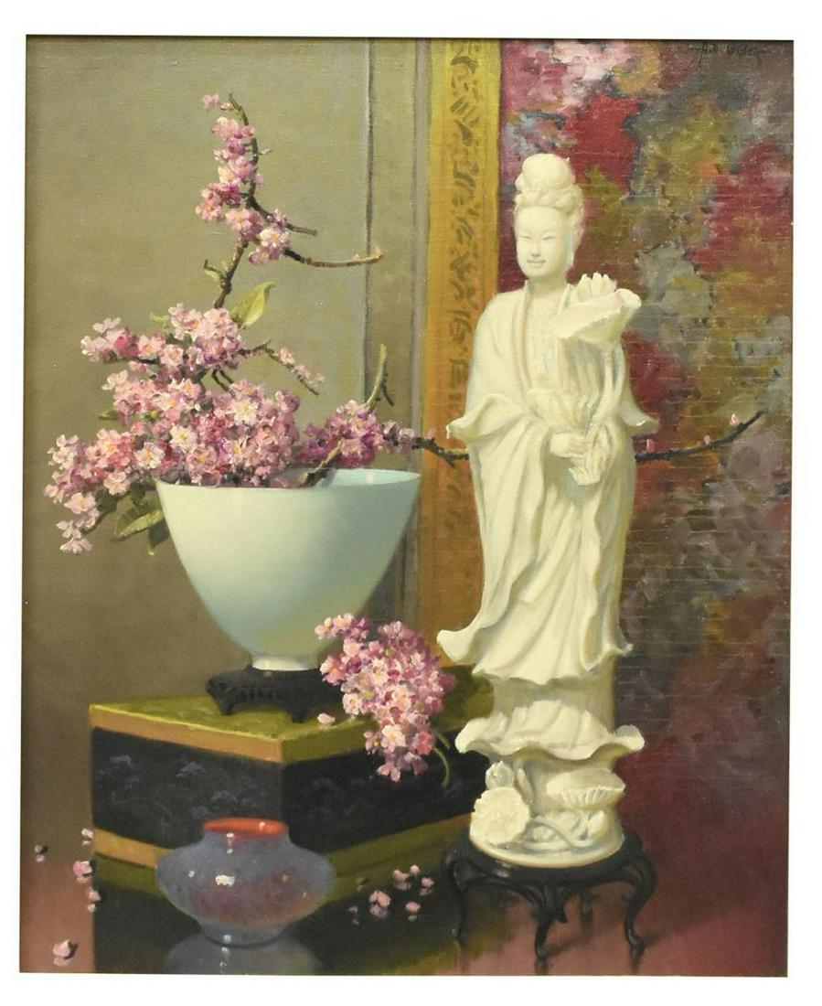A.D. GREER (1904-1998) STILL LIFE CHINESE BOWL: Framed oil on canvas painting, Still Life with Chinese Bowl and Guanyin, signed upper right A.D. Greer (Aubrey Dale Greer, Texas, Oklahoma, 1904-1998), sight: approx 23.25"h, 19.25"w, overall: approx 