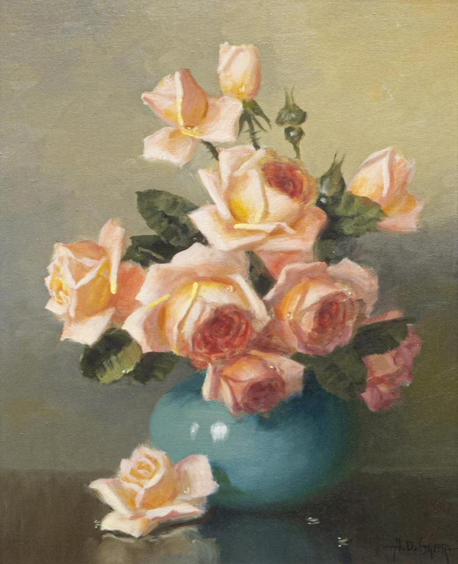 A.D. GREER (1904-1998) STILL LIFE WITH PINK ROSES: Framed oil on canvas painting, Still Life with Pink Roses, signed lower right A.D. Greer (Aubrey Dale Greer, Texas, Oklahoma, 1904-1998), sight: approx 19.25"h, 15.25"w, overall: approx 31"h, 27"w, 11