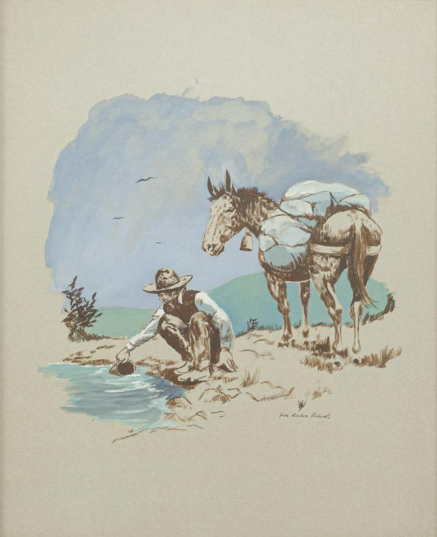 JOE RADER ROBERTS (TX, 1925-1982) INK PAINTING: Framed ink and gouache painting on paper, Watering Hole, signed lower right Joe Rader Roberts (Texas, 1925-1982), sight: approx 19.5"h, 15.5"w, overall: approx 28.75"h, 24.75"w, 8.75lbs Start Price: $