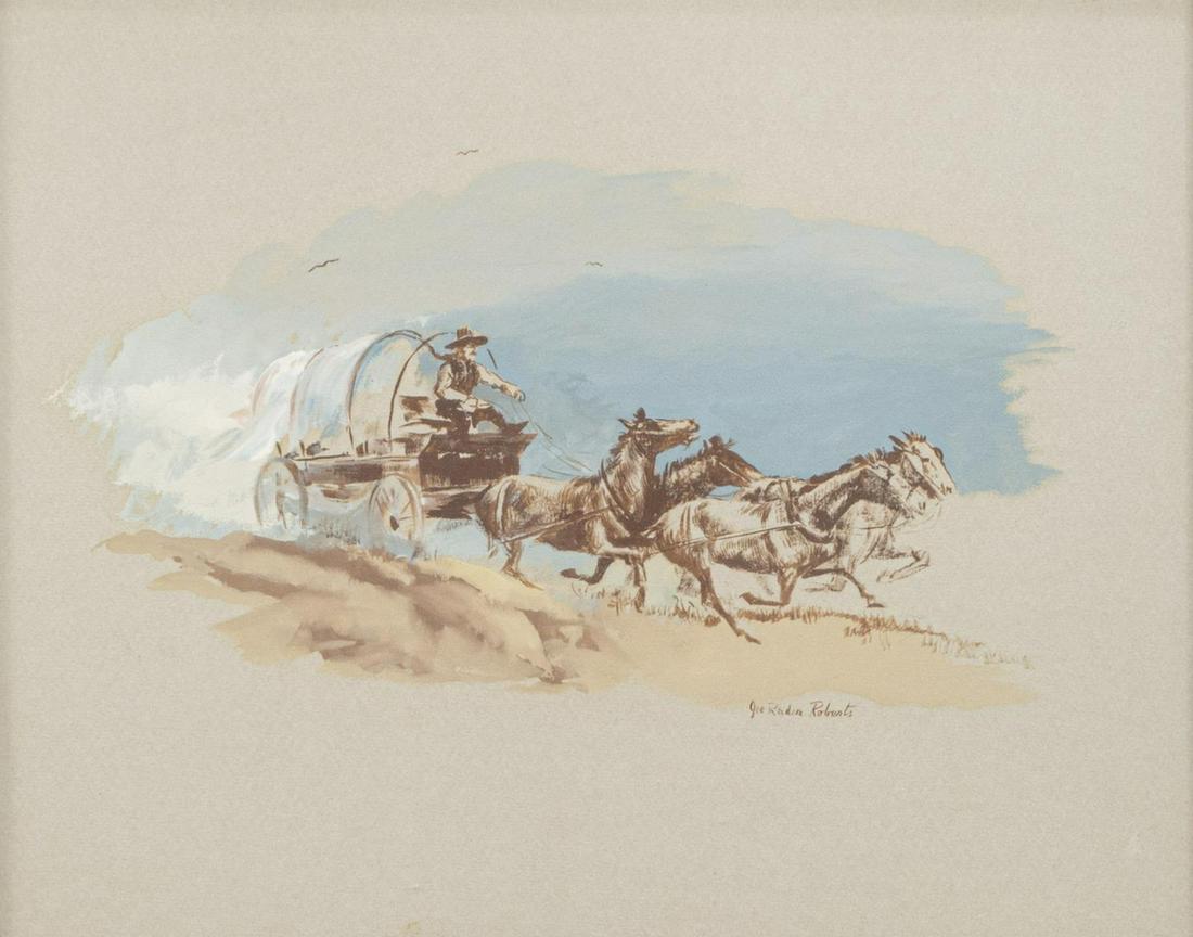 JOE RADER ROBERTS (TX, 1925-1982) INK PAINTING: Framed ink and gouache painting on paper, Runaway Wagon, signed lower right Joe Rader Roberts (Texas, 1925-1982), sight: approx 13"h, 15.5"w, overall: approx 23"h, 25.75"w, 7lbs Start Price: $150.00