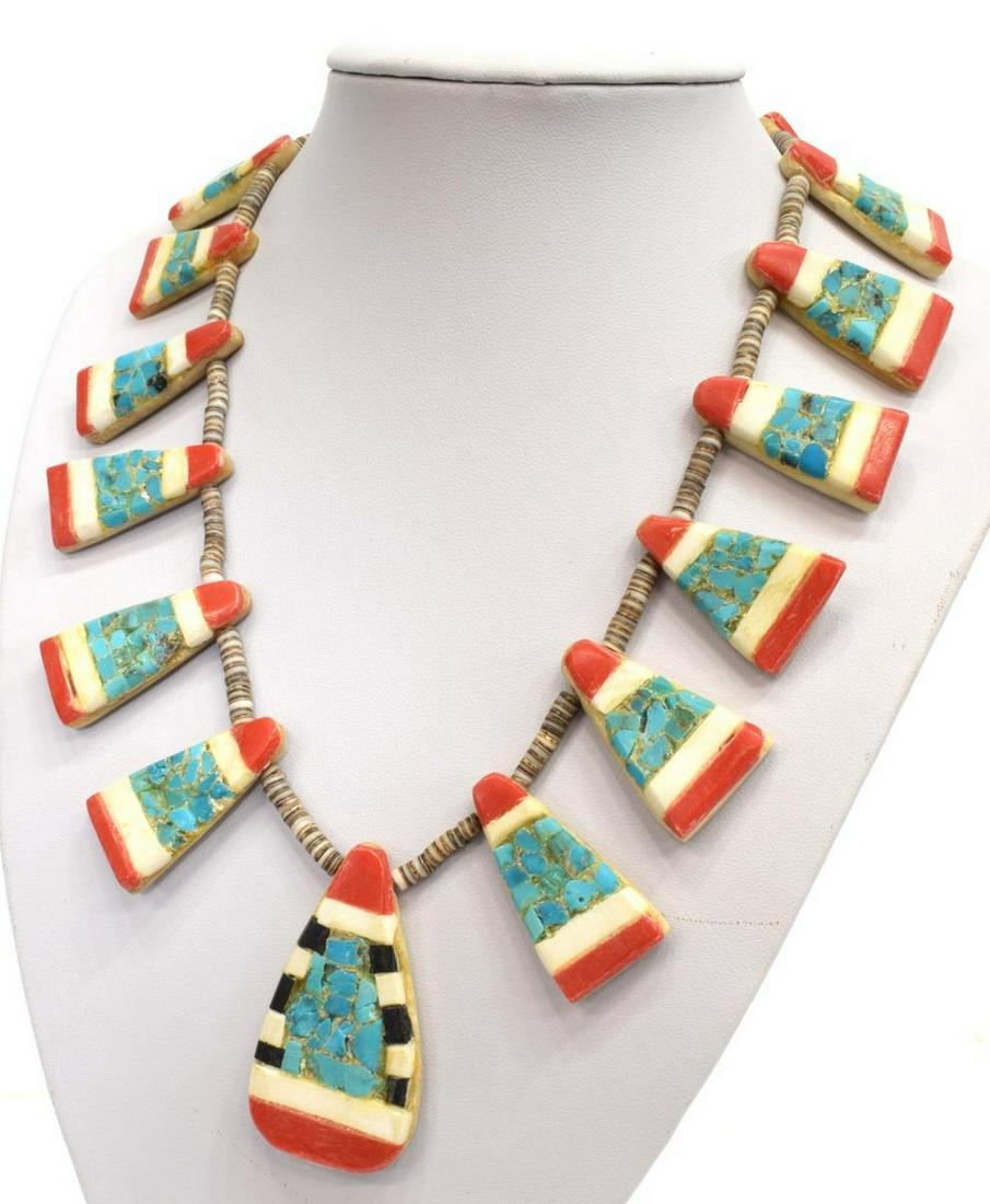 SANTO DOMINGO PUEBLO HEISHI BEADED NECKLACE: Native American heishi necklace, Santo Domingo Pueblo, small shell disc beads, with inlaid bone stations, approx 24"l, 96.5 grams *Provenance: The family of Alfred A. King (Texas, 1916-2006) great-gra