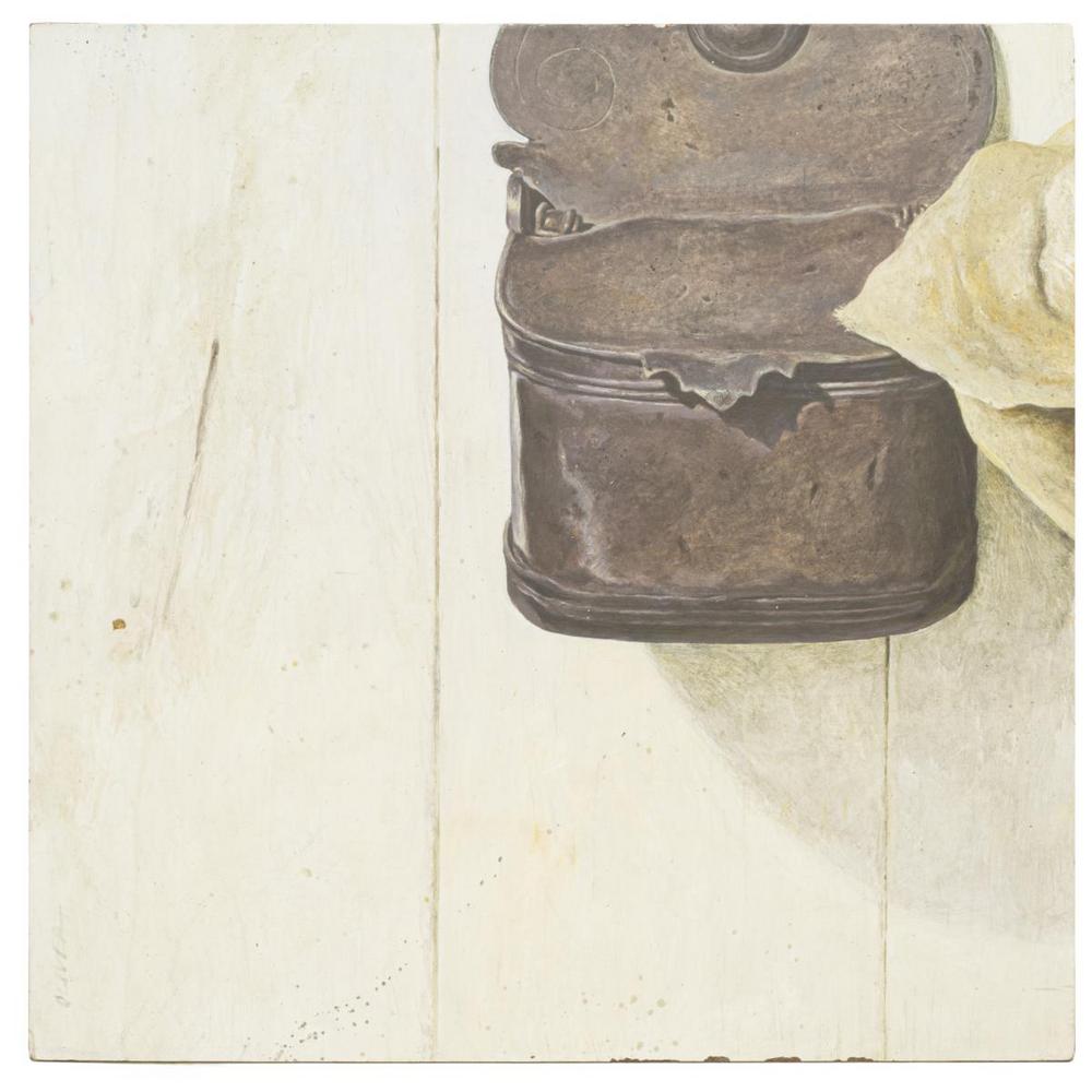 KERMIT OLIVER (TX, B.1943) PAINTING 'TIN BOX': Unframed acrylic on board painting, "Tin Box," signed lower left Oliver (Kermit Oliver, Texas, b.1943), signed again, dated 1974, and titled verso, approx 12"h, 12"w Start Price: $750.00