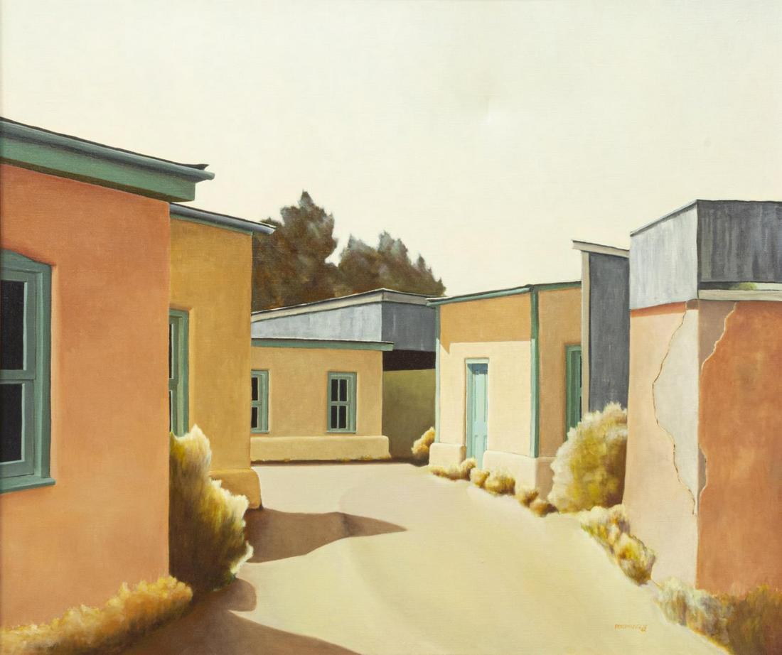 RB SPRAGUE (D.2010) ARCHITECTURAL DESERT PAINTING: Framed oil on canvas painting, Desert Buildings, signed lower right RB Sprague (Roger B. Sprague, New Mexico, 1937-2010), dated 1983, approx sight: 44"h, 49.5"w, overall: 45"h, 49.5"w, 13.75lbs *Prove