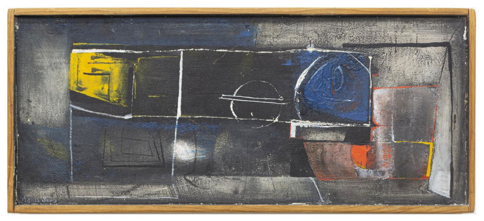 AGNES SIMS (NM, 1910-1990) ABSTRACT PAINTING: Framed mixed media painting on paper, laid on Masonite, Abstract Composition, signed lower left Agnes Sims (New Mexico, 1910-1990), sight: approx 7.25"h, 17.75"w, overall: approx 8"h, 18.25"w, 1.75lbs