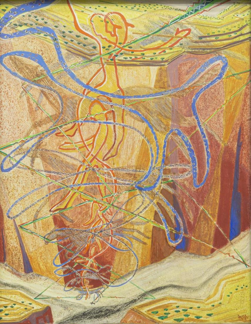 AGNES SIMS (NM, 1910-1990) SINGING RIDER PAINTING: Framed gouache painting on board, "Singing Rider in the Canon," signed lower right Agi (Agnes Sims, New Mexico, 1910-1990), The Walker Art Center 1946 exhibition label with title verso, sight: approx