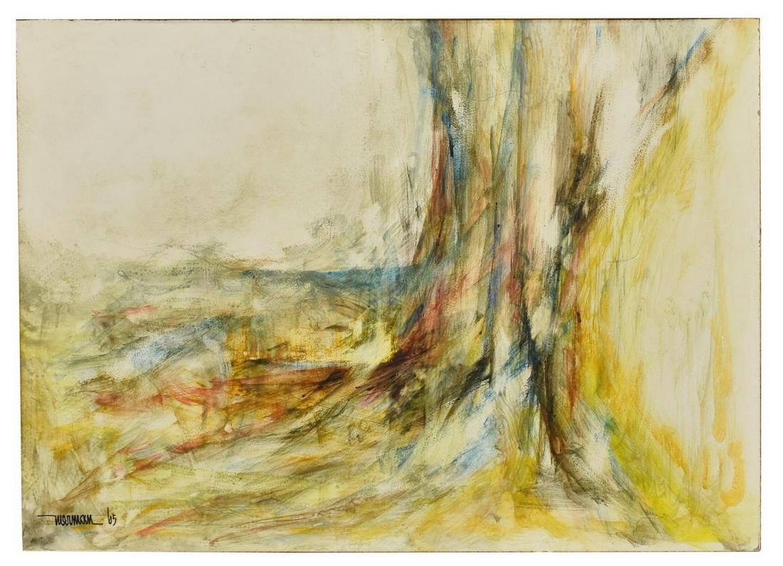 LEONARDO NIERMAN (B.1932) ABSTRACT PAINTING: Framed oil on Masonite painting, Abstract Composition, signed lower left Nierman (Leonardo Nierman, Mexico, b.1932), dated 1965, sight: approx 9.75"h, 13.75"w, overall: approx 15"h, 18.75"w, 3lbs *Pro