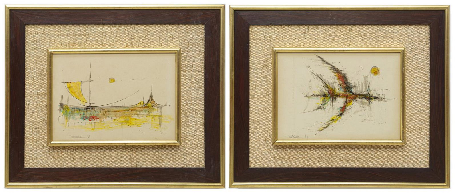 2) LEONARDO NIERMAN (B.1932) ABSTRACT COMPOSITIONS: (lot of 2) Framed mixed media paintings, Leonardo Nierman (United States, Mexico, b.1932), including: (1) Cityscape, signed lower left Nierman, dated 1964, sight: approx 8.25"h, 11.25"w, overall: appr