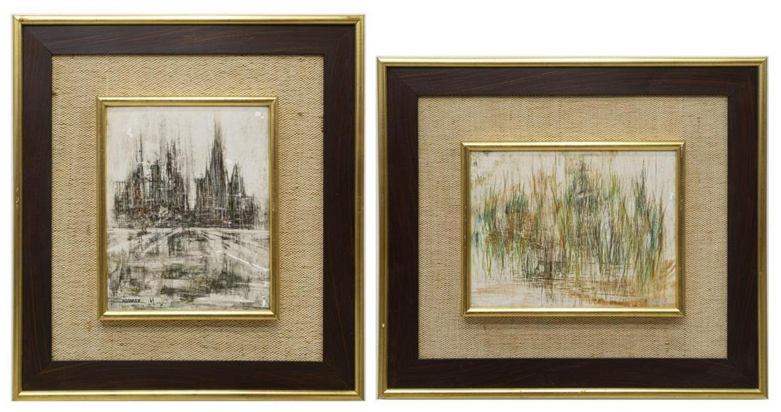 2) LEONARDO NIERMAN (B.1932) ABSTRACT COMPOSITIONS: (lot of 2) Framed paintings on board, Leonardo Nierman (United States, Mexico, b.1932), including: (1) Abstract Composition, signed lower right Nierman, sight: approx 7.5"h, 9.5"w, overall: approx 16.