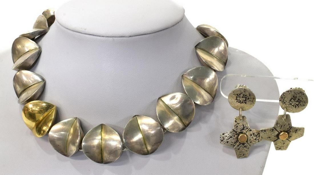 SILVER & GOLD MODERNIST NECKLACE & EARRINGS: (lot) Silver and gold jewelry, including: (pair) sterling silver and 14kt gold earrings, signed VAB, with cross drops, approx 1.75"l, (1) modernist silver necklace, in the manner of Robert Lee Morris,