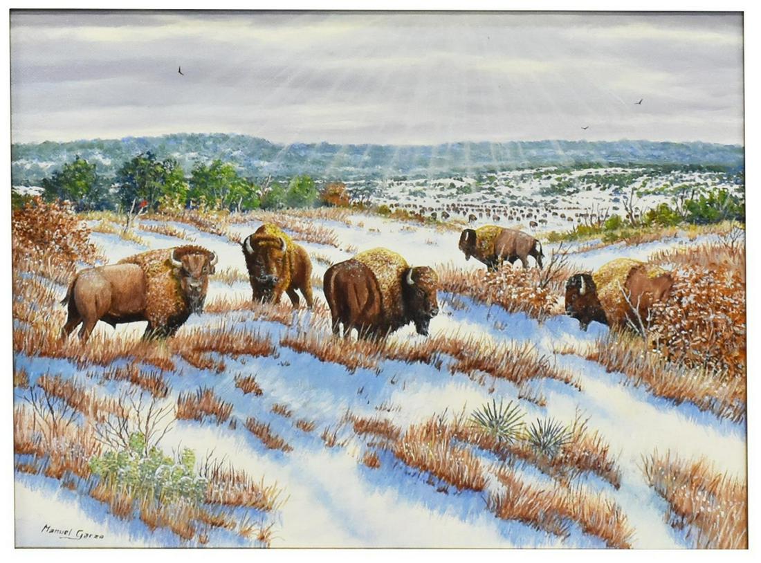 MANUEL GARZA (B.1940) BUFFALO WINTER, 12" x 16": Framed oil painting on canvas board, Buffalo Winter, signed lower left Manuel Garza (Texas, b.1940), sight: 11.25"h, 15.5"w, overall: 24.5"h, 28.75"w Start Price: $500.00