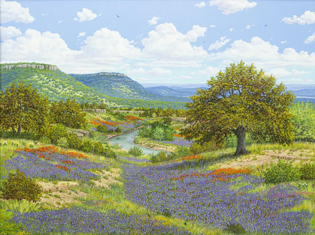 MANUEL GARZA (B.1940) TEXAS BLUEBONNETS, 36" x 48": Framed oil painting on canvas, "Hillside Visions- Bluebonnets," signed lower left Manuel Garza (Texas, b.1940), sight: 35.5"h, 47.5"w, overall: 47.75"h, 59.5"w Start Price: $3,000.00 11/11/19 10:37am,
