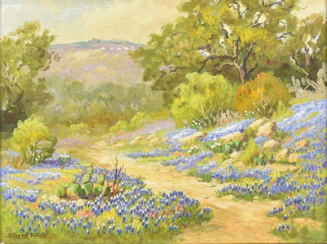 SANTA DURAN (1909-2002) 'BLUEBONNET TRAIL': Framed oil painting on canvas-clad wood panel, "Bluebonnet Trail," signed lower left Santa Duran (Mexico, Texas, 1909-2002), titled verso, sight: approx 11.5"h, 15.5"w, overall: approx 15.75"h, 19.75"