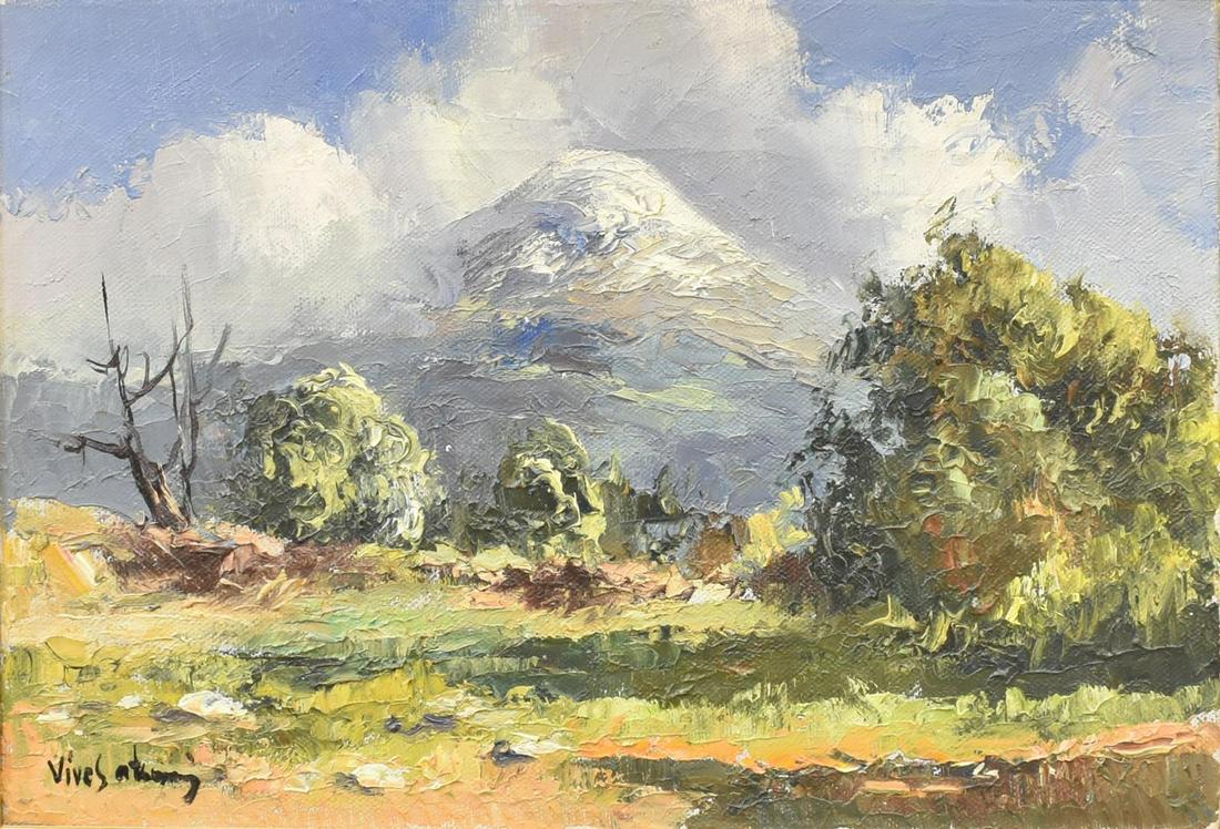 JOSE VIVES-ATSARA (D2004) PAISAJE DEL POPOCATEPETL: Framed oil on canvas painting, Paisaje del Popocatepetl, signed lower left Vives-Atsara (Jose Vives-Atsara, Spain, United States, 1919-2004), sight: approx 7 7/8"h, 11 7/8"w, overall: approx 11.75"h,