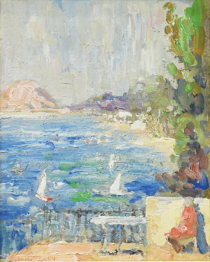 FREMONT F. ELLIS (1897-1985) 'MORRO BAY MARINA': Framed oil on canvas board painting, "Morro Bay Marina," signed lower left Fremont F. Ellis (New Mexico, California, Montana, 1897-1985), notated verso "sketch for Terrace of the Golden Tee," sight: a