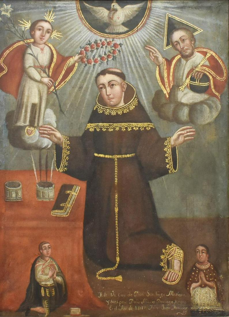 SPANISH COLONIAL PAINTING SAN ANTONIO DE PADUA: Framed Spanish Colonial oil on canvas painting, Mexico, San Antonio de Padua with the Holy Spirit, devotional of Don Santiago Mariano and his wife Dona Maria Dominga Ramos in the year 1801, sight: app