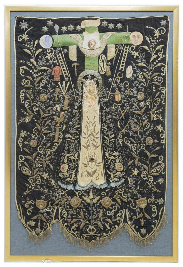 SPANISH COLONIAL EMBROIDERED PROCESSIONAL BANNER: Famed Spanish Colonial processional banner, 19th c., Virgen de la Soledad (Our Lady of Solitude), black velvet ground, with couched metallic threads, sculptural cross wrapped in green wool thread, pai