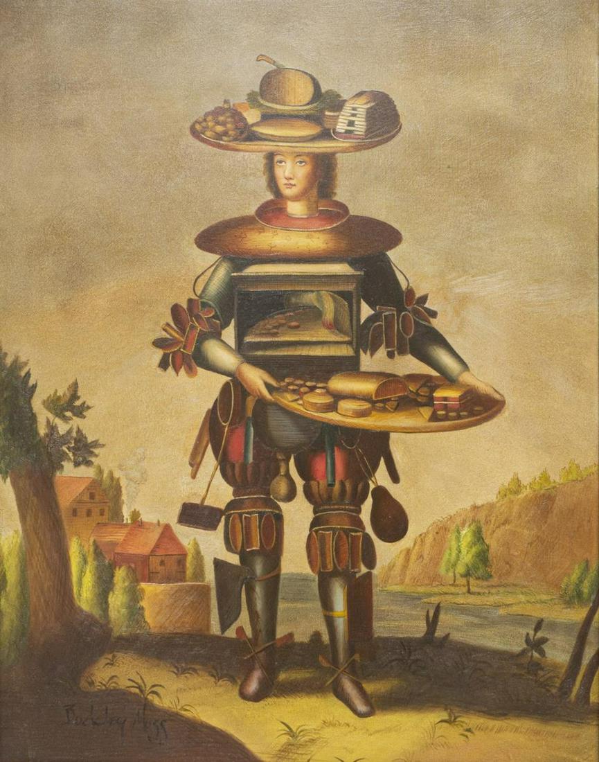 PATRICIA BUCKLEY MOSS (B.1933) 'HABIT DE PATICIER': Framed oil on canvas painting, "Habit de Paticier" from "Costumes Grotesques," after Nicolas de Larmessin (France, 1632-1694), signed lower left Buckley Moss (Patricia Buckley Moss, Virginia, New York