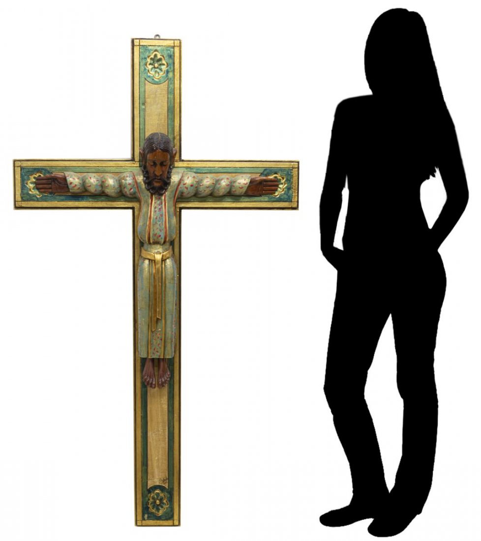 RAMON GALLARDO (D.1999) CARVED BYZANTINE CRUCIFIX 59"h: Large folk art carved and painted Byzantine Christ, with parcel gilt accents, signed Gallardo, attributed to Ramon Gallardo Lozano (Michoacan, Mexico, 1911-1999), approx 59"h, 34"w *Provenance: The fa