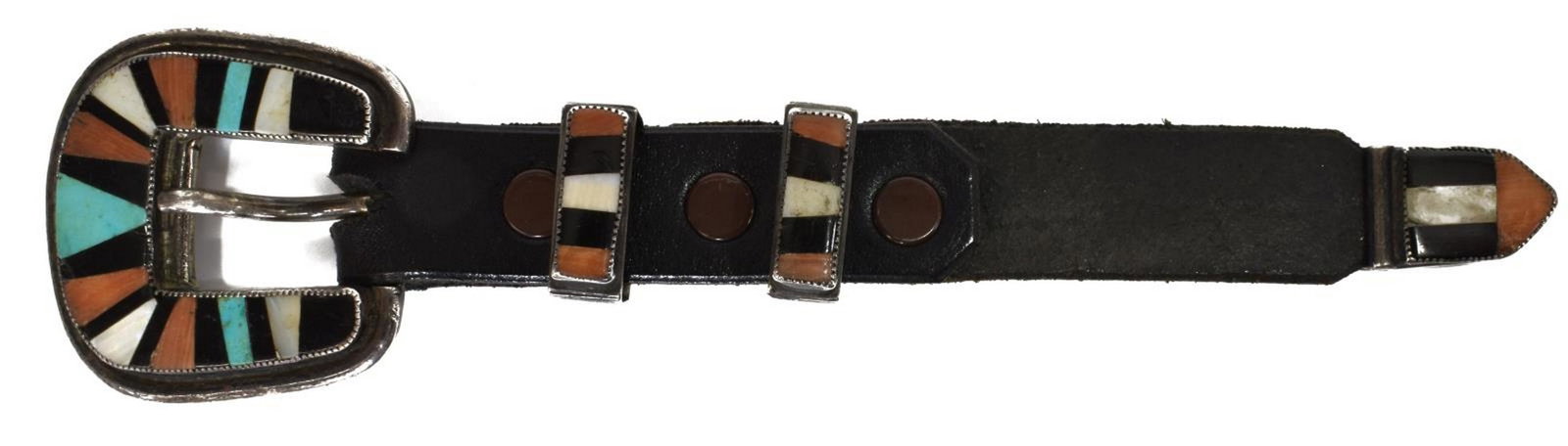 NATIVE AMERICAN SILVER BELT BUCKLE SET: Native American silver belt buckle, keepers, and tip, serrated bezel-set turquoise, spiny oyster, shell, and jet, buckle with engraved signature A, buckle only: approx 1 7/8"l, 1.75"w; 60 grams total 