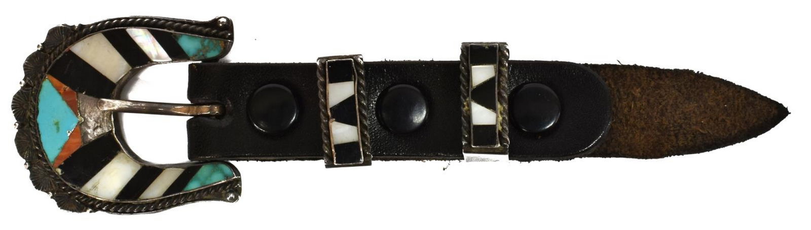 NATIVE AMERICAN SILVER BELT BUCKLE & KEEPERS: Native American silver belt buckle and keepers, set with turquoise, spiny oyster shell, mother of pearl, and jet, decorative rope-twist edge, buckle with engraved signature A, buckle only: approx 1 7/