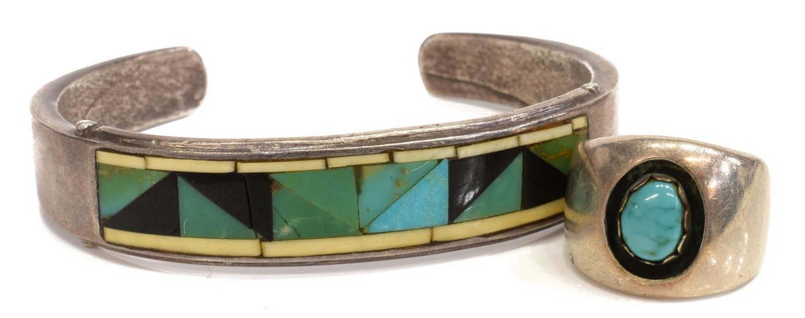 (2) NATIVE AMERICAN SILVER CUFF BRACELET & RING: (lot of 2) Native American silver jewelry, including: (1) sand-cast cuff bracelet, with turquoise and jet mosaic inlay, interior: approx 2 1/8"w (across), (1) ring, with central bezel-set turquoise ca