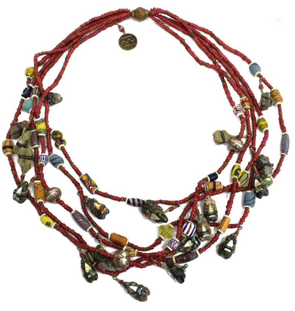CANDACE DUNLAP 'DROP DEAD' BEADED NECKLACE: "Drop Dead" beaded necklace, Candace E. Dunlap, Santa Fe, New Mexico, assembled with vintage/antique dark red Venetian cornaline dâ€™aleppo trade beads, interspersed with a variety of stone fetis