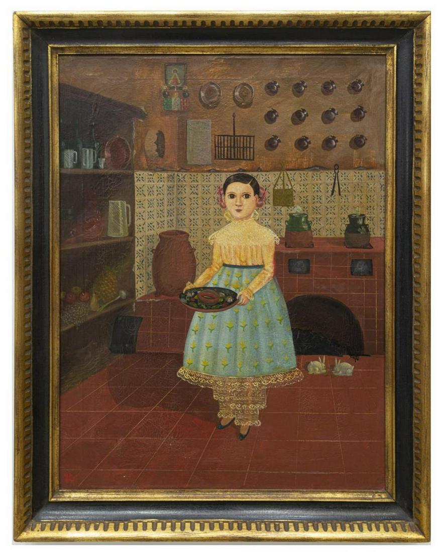 AGAPITO LABIOS (MEXICO, 1898-1996), COCINA POBLANA: Framed oil on canvas painting, Cocina Poblana, Agapito Labios (Mexico, 1898-1996), unsigned, bearing artist's cipher lower left, craquelure, sight: approx 23.5"h, 17.5"w, overall: approx 28"h, 22"w, 4