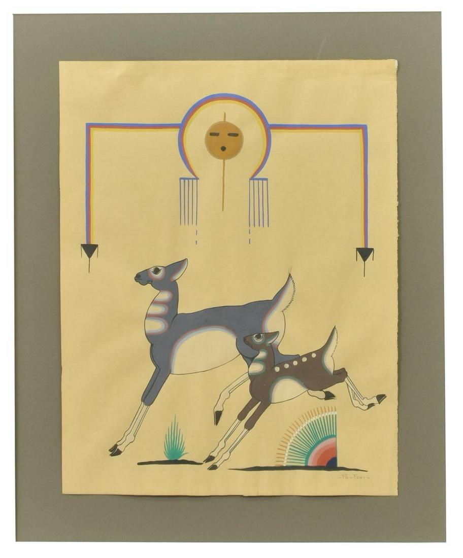 POPOVI DA (1923-1971) LEAPING DEER PAINTING: Framed gouache painting on paper, Leaping Deer, signed lower right Po Povi (Popovi Da [Antonio Jose Martinez], New Mexico, 1922-1971), sight: approx 15.75"h, 12.25"w, overall: approx 26"h, 22.5"w, 6.5