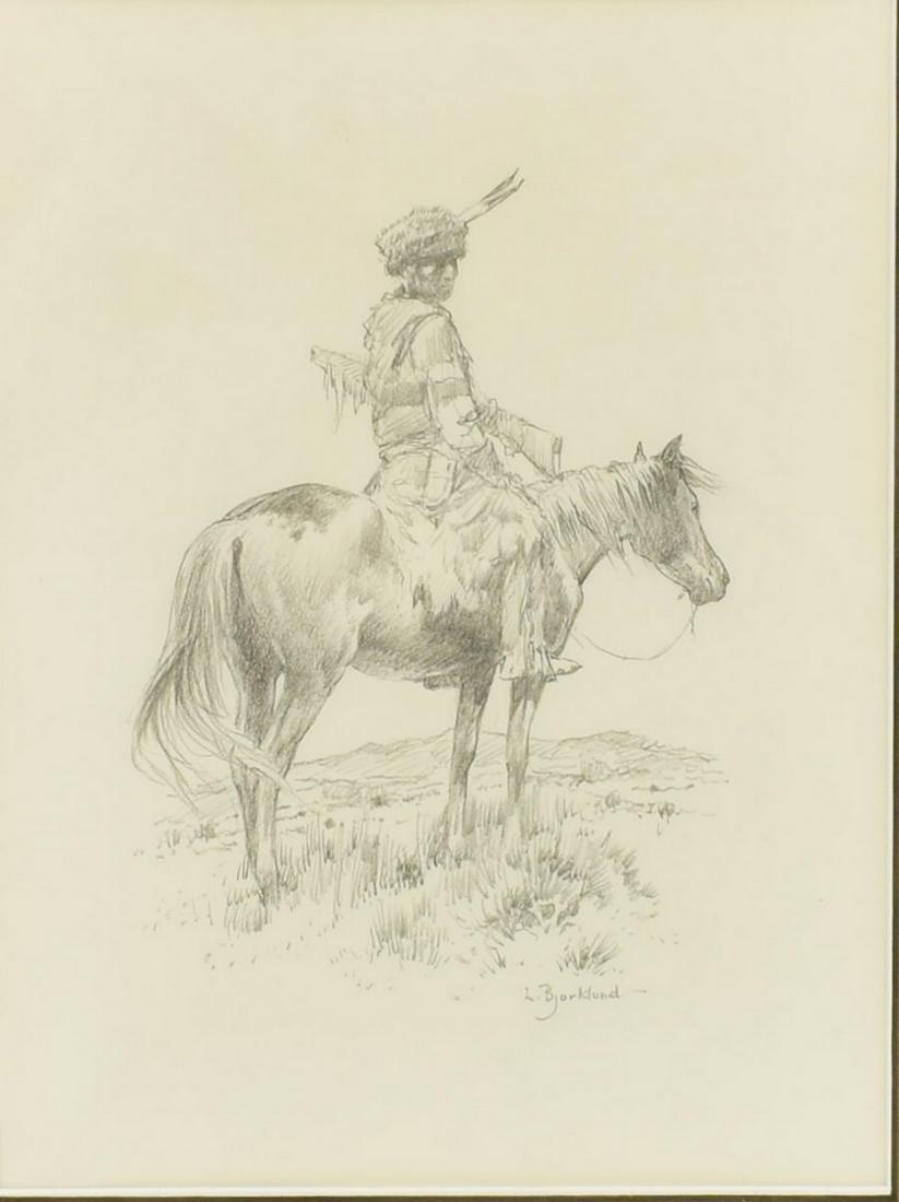 LORENCE BJORKLUND (D.1978) INDIAN RIDER DRAWING: Framed pencil drawing on paper, Indian Rider on Horseback, signed lower right L. Bjorklund (Lorence F. Bjorklund, New York, Minnesota, 1911-1978), sight: approx 10"h, 7.5"w, overall: approx 19"h, 15"w