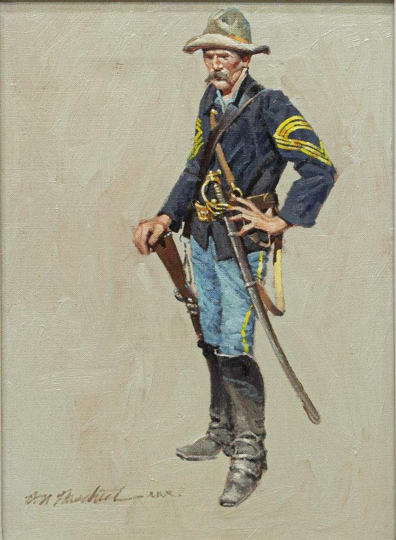DON PRECHTEL (B.1936) THE CAVALRY SERGEANT: Framed oil painting on canvas, The Cavalry Sergeant, signed lower left Don Prechtel (Oregon, California, b.1936), sight: 12.5"h, 8.5"w, overall: 21.25"h, 24.25"w, 5.75lbs Start Price: $200.00