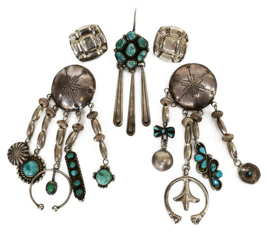 (LOT) NATIVE AMERICAN SILVER & TURQUOISE EARRINGS: (lot) Native American silver earrings, for pierced ears, including: (pair) sterling silver earrings, central disc issuing varied beaded drops with turquoise accents, consignor states assembled by Sue 