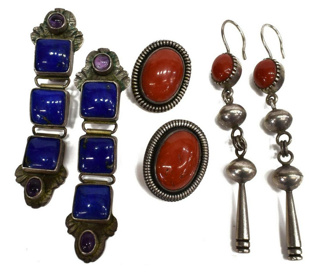(3 PR) NATIVE AMERICAN SILVER EARRINGS, AL NEZ: (lot) Native American silver earrings, for pierced ears, including: (pair) silver earrings, with two bezel-set amethyst cabochons, three lapis lazuli stones, omega clip post backs, approx 2.5"l, (pair