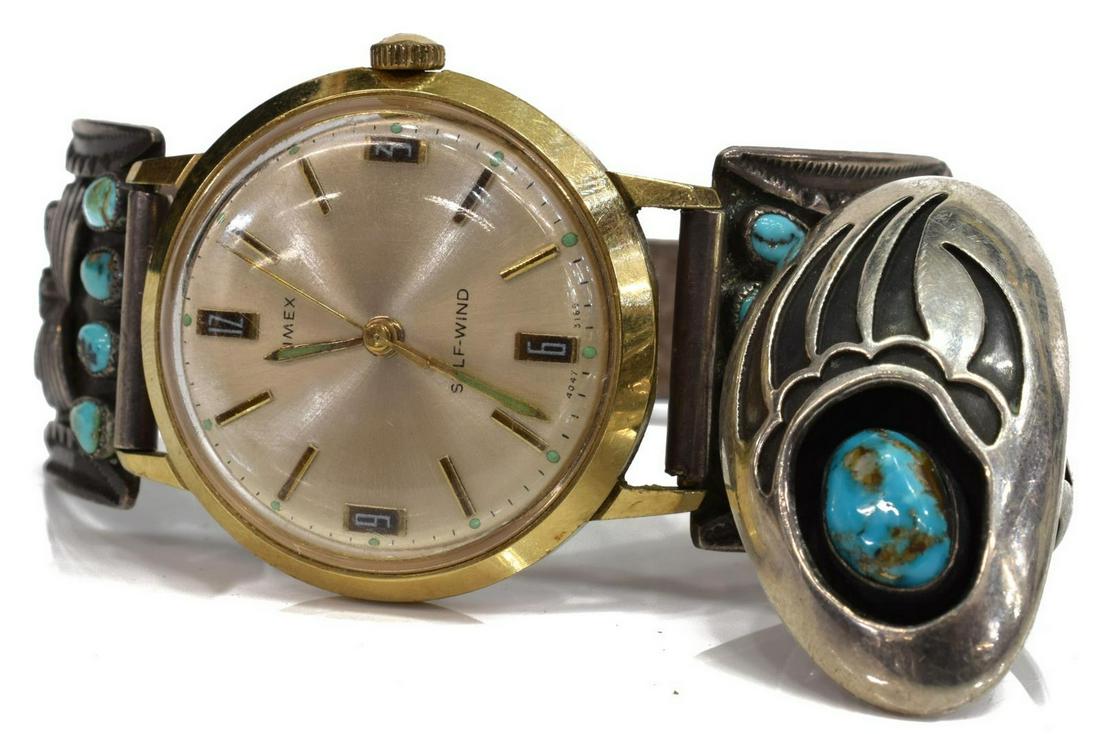 (2) NATIVE AMERICAN BEAR PAW RING & WATCH BRACELET: (lot of 2) Native American silver jewelry, including: (1) ring, Harvey Chavarria (Santa Clara, 1943-1991), with bear paw motif, central turquoise nugget, picto mark stamp, approx size 6-6.25, (1) watc