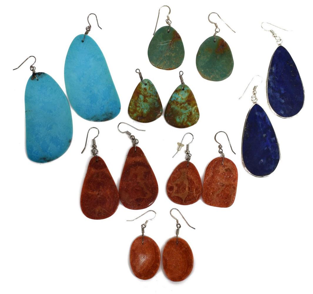 (7 PR) CORAL, TURQUOISE & LAPIS DROP EARRINGS: (lot) Native American earrings, Santo Domingo Pueblo, with red coral, turquoise, and lapis drops, highlights include: (pair) sterling silver and lapis earrings, marked JC sterling, drop: approx 2 1/8"