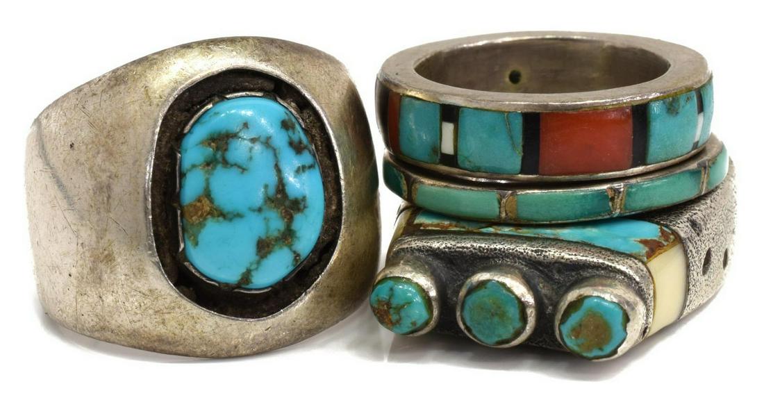 1(4) NATIVE AMERICAN SILVER & TURQUOISE RINGS: (lot of 4) Native American silver rings, including: (1) with central turquoise nugget, approx size 9, (1) with three bezel-set turquoise stones, over turquoise and shell gallery, approx size 8, (1) se