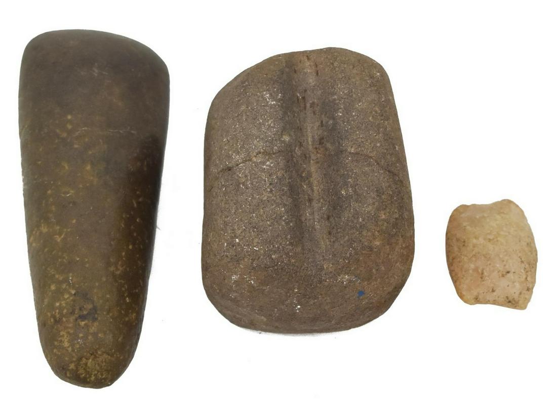(3) PREHISTORIC NATIVE AMERICAN STONE TOOLS: (lot of 3) Prehistoric Native American stone tools, c. prior to the 16th century, comprising: (1) arrow shaft straightener, approx 2"h, 3"w, 2.25"d, (1) tapered blade axe head, approx 2"h, 5"w, 1"d, (