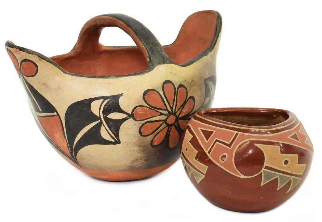 (2) NATIVE AMERICAN POTTERY, ONE BELEN TAPIA: (lot of 2) Native American pottery: (1) decorated redware triangular bowl, signed Belen Tapia (Santa Clara, 1914-1999) at underside, crack at one side, approx. 3.5"h, 4.75"w' (1) pottery basket with h