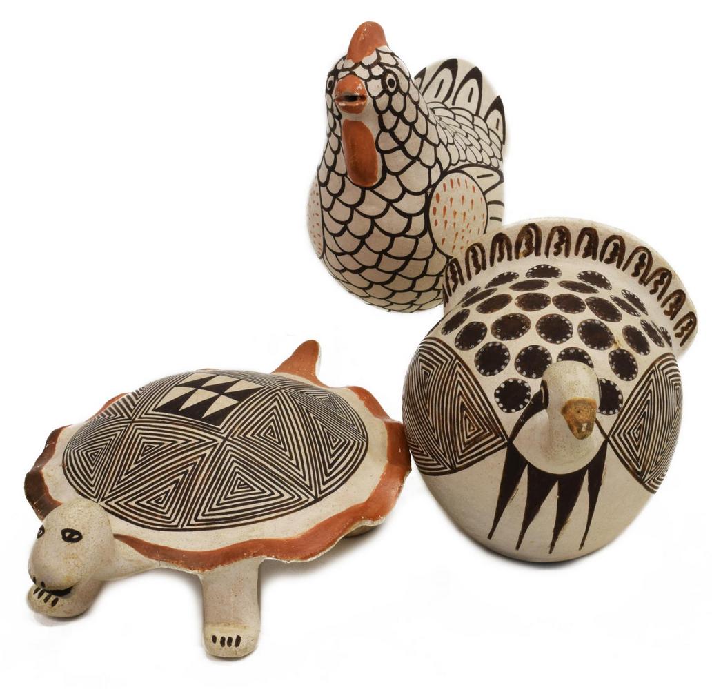 (3) LUCY M. LEWIS (D 1992) ACOMA POTTERY ANIMALS: (lot of 3) Native American pottery, each signed at the underside Lucy M. Lewis (Acoma Pueblo, New Mexico, 1895-1992): (1) turtle, 1.75"h, 6"w, 4.5"d; (1) turkey, 3.5"h; (1) hen, 3.75"h, total: 1lb *Pr