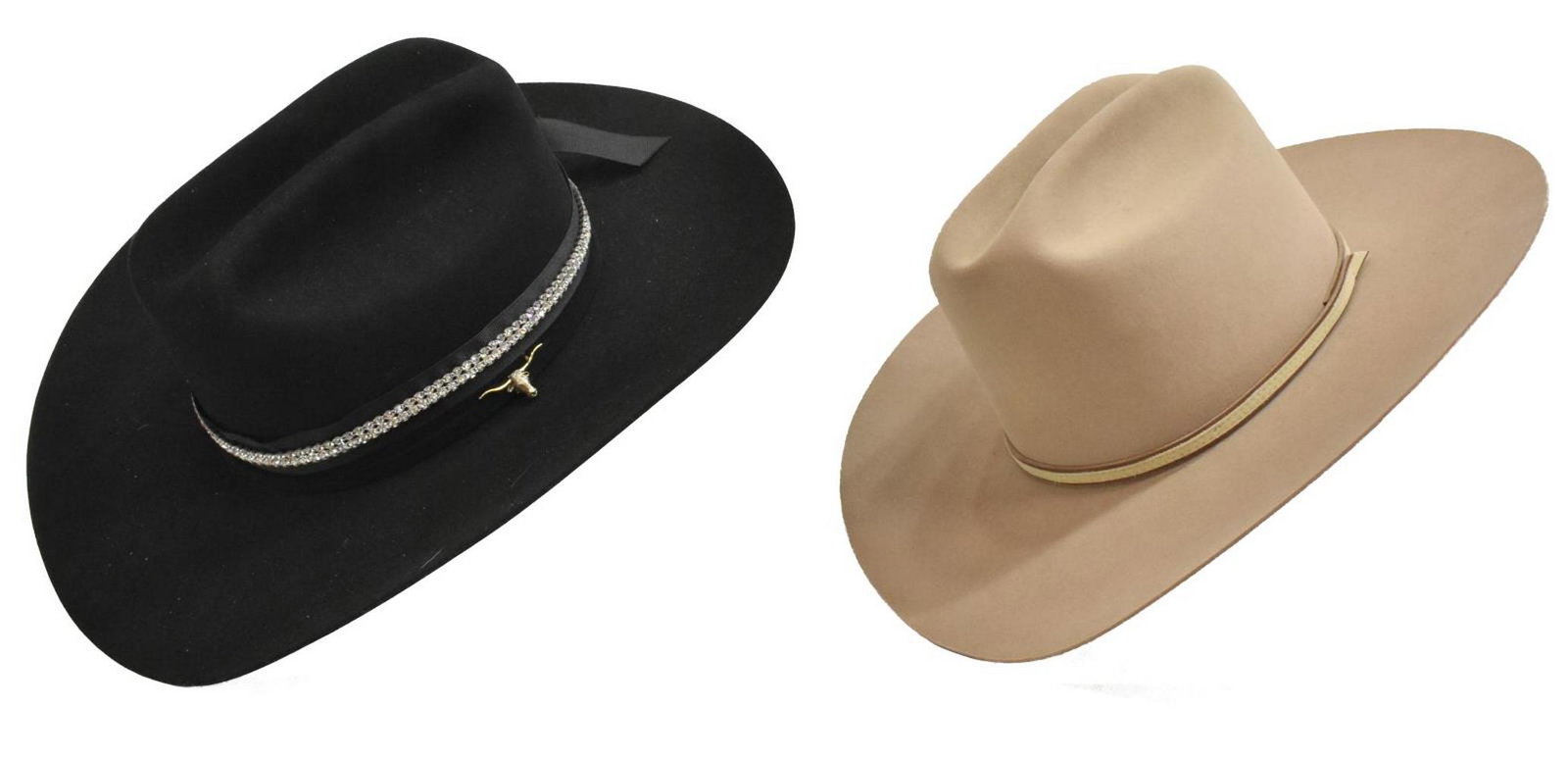 (2) JOHN B. STETSON COWBOY HATS, CRYSTAL HATBAND: (lot of 2) John B. Stetson cowboy hats, including: (1) black steelhead rhinestone cowboy hat, accessorized with crystal hat band and longhorn emblem, marked XXXXXX under brim, size 7 1/8, accompanied 