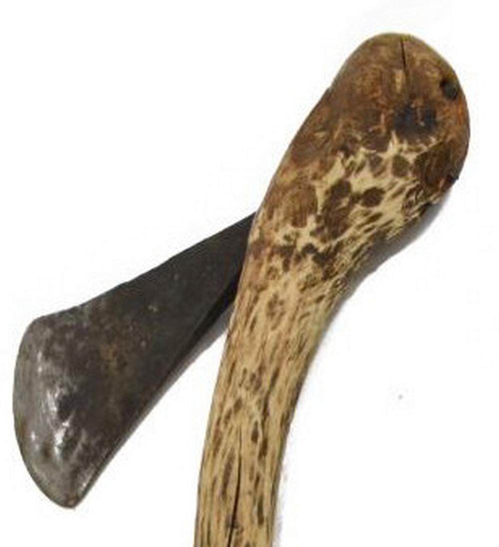 AFRICAN BUSHMAN IRON BLADE AXE: African bushman axe, having iron blade on a wood handle, approx 9.5"h, 9.5"w, 2.25"d, 2.5lbs Start Price: $60.00