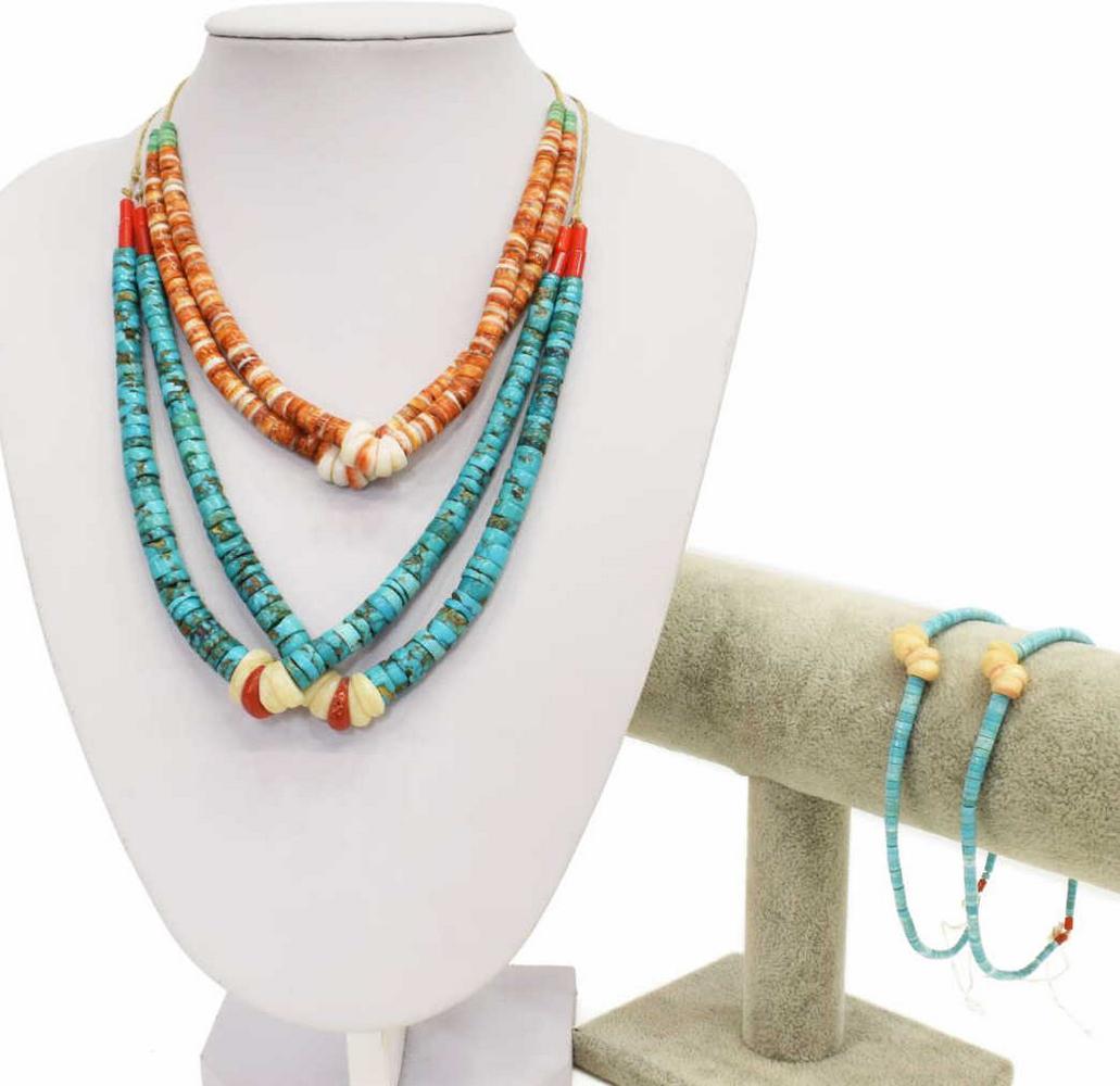 (2) NATIVE AMERICAN BEADED NECKLACES, JACLA: (lot of 2) Native American beaded necklaces, including: (1) two-strand spiny oyster disc beaded necklace, with turquoise ends, each strand with five central teardrop-form shell beads, on braided cord,