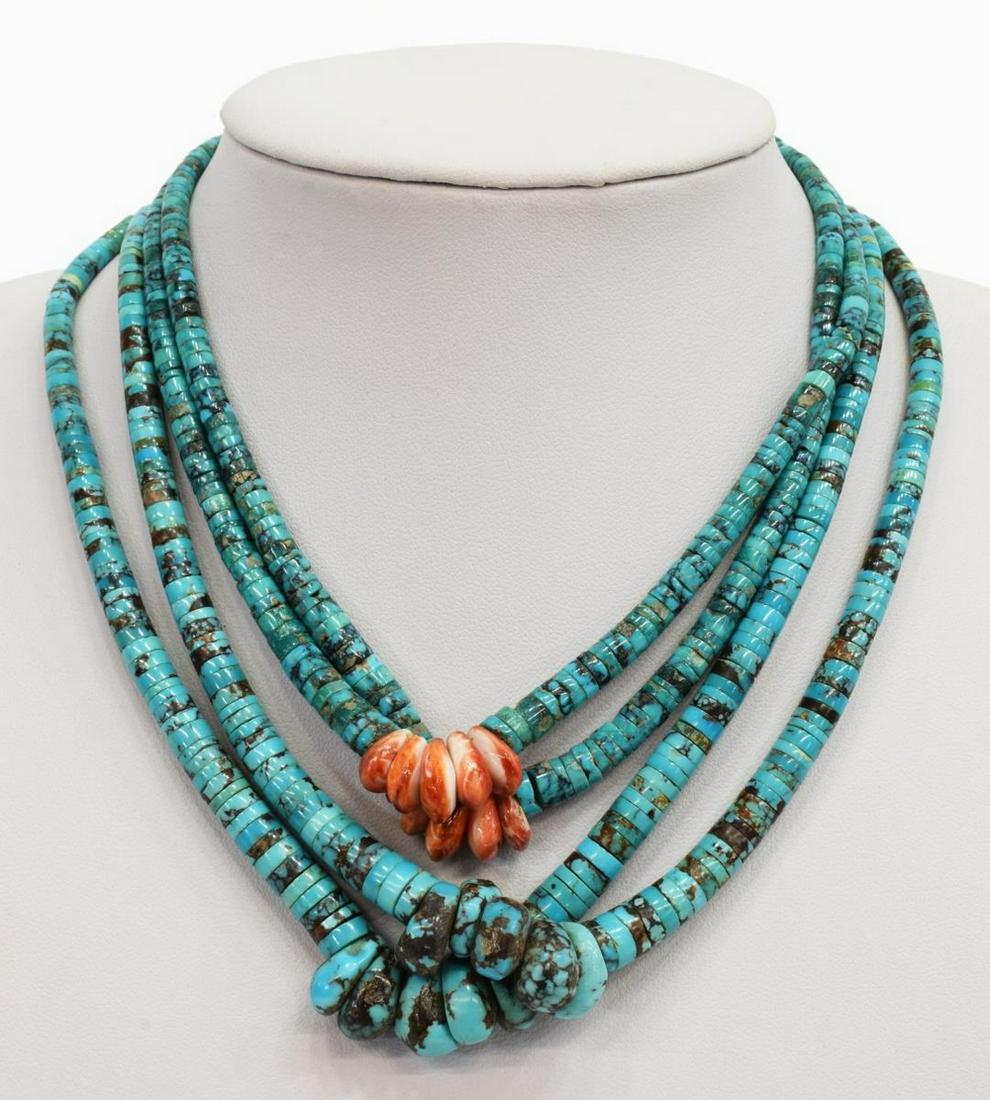 (2) NATIVE AMERICAN DOUBLE-STRAND HEISHI NECKLACES: (lot of 2) Native American double-stranded heishi beaded necklaces, including: (1) with turquoise disc beads, each strand with five central teardrop-form beads, on braided cord, approx 24"l, (1) with 
