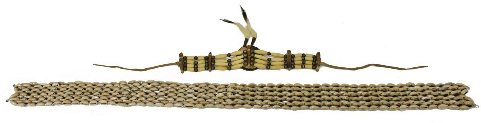(2) NATIVE AMERICAN CHOKER NECKLACE & COWRIE BELT: (lot of 2) Native American choker necklace consisting pipe bone, bench beads, drilled stone, joined by sinew, the center length excluding leather tie straps: 10.75", together with (1) cowrie shell bel