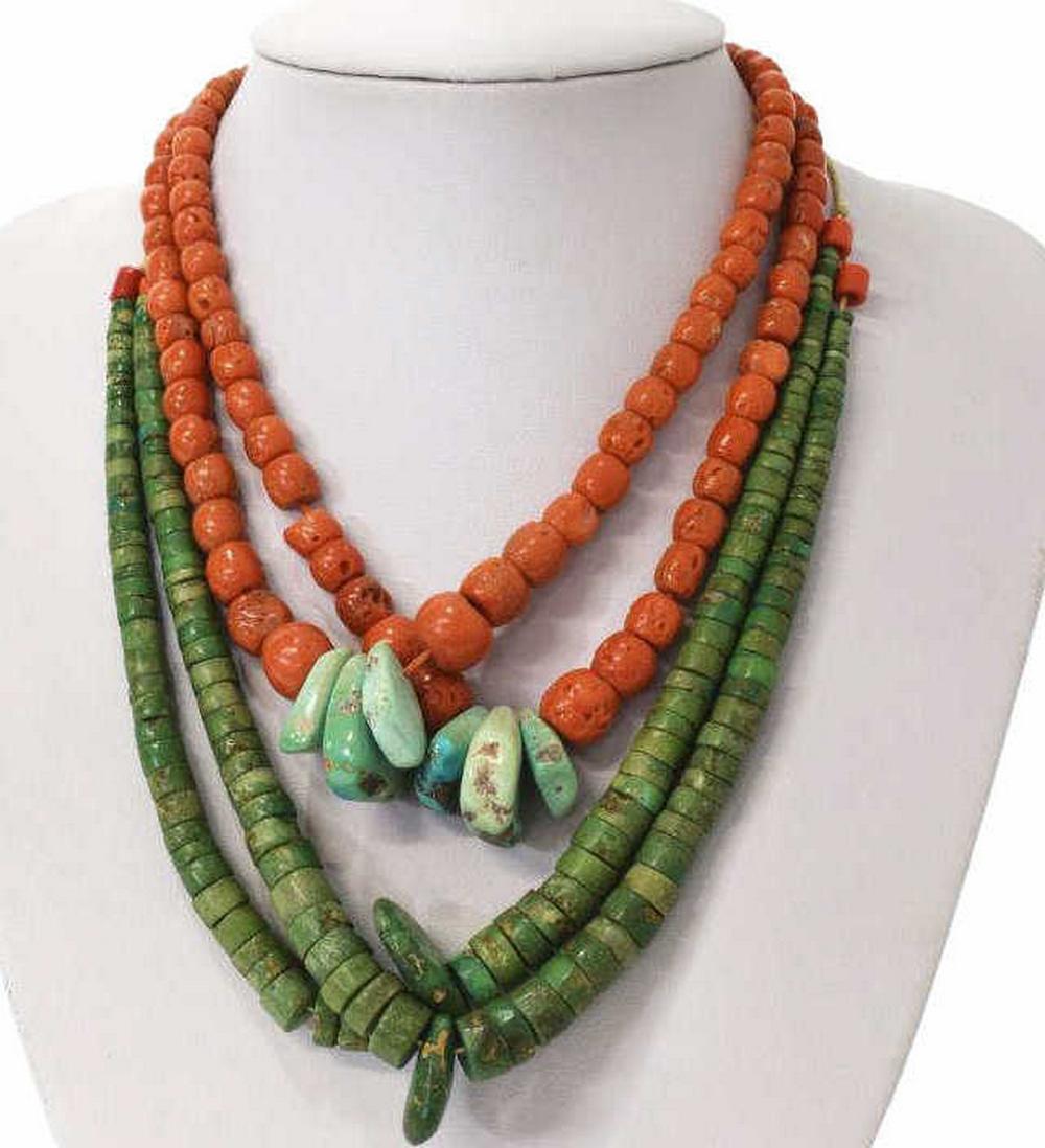 (2) NATIVE AMERICAN TURQUOISE CORAL BEAD NECKLACES: (lot of 2) Native American beaded necklaces, including: (1) two-strand red coral beaded necklace, each strand with three central teardrop-form turquoise beads, on braided cord, approx 26"l, (1) two-st