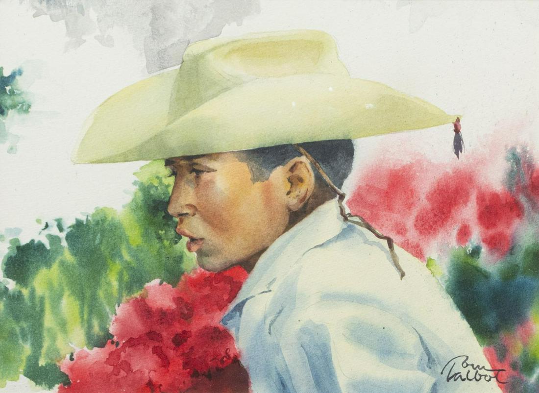 TOM TALBOT (1936-2009) JALISCO WATERCOLOR PAINTING: Framed watercolor painting on paper, "Jalisco Boy," signed lower right Tom Talbot (Illinois, Nebraska, 1936-2009), sight: approx 8.5"h, 11.5"w, overall: approx 15.5"h, 19.5"w, 3.75lbs *Provenance: The