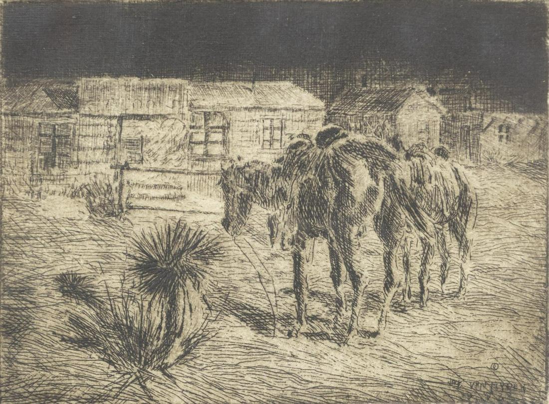 JACK VAN RYDER (1899-1967) WESTERN ETCHING: Framed etching on paper, "Waiting," signed lower right Jack Van Ryder (Arizona, Montana, 1899-1967), dated 1933, titled lower left, numbered 10/ 29, sight: approx 4.25"h, 6.25"w, overall: approx 9.75"