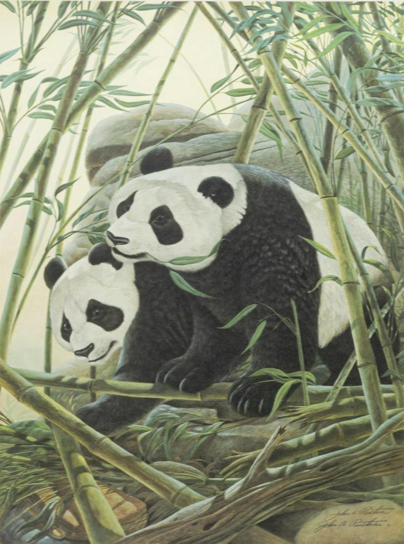 JOHN A. RUTHVEN (B.1924) GIANT PANDAS PRINT: Framed print on paper, Giant Pandas, from the Safari Series, signed lower right John A. Ruthven (United States, b.1924), numbered 1317/ 5000, sight: approx 30.25"h, 21.25"w, overall: approx 42.5"h, 33