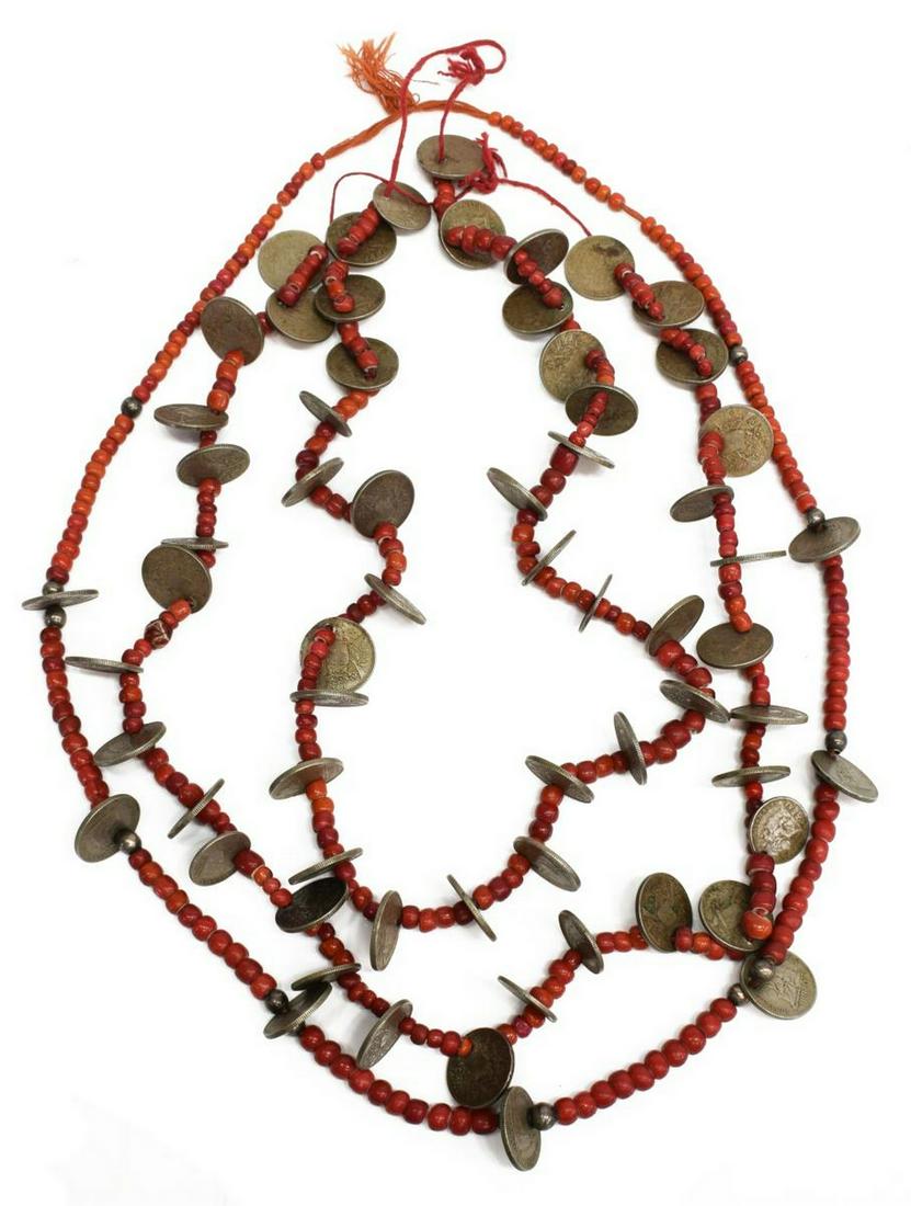 3) GUATEMALAN CHACHAL COIN & CZECH TRADE NECKLACES: (lot of 3) Czech red glass trade bead (Chachal) necklaces, each strung with various Guatemalan 1 Real coins, various dates including 1900, 1901, 1912, etc., all on red string, approx 28"l, 7.5lbs tota